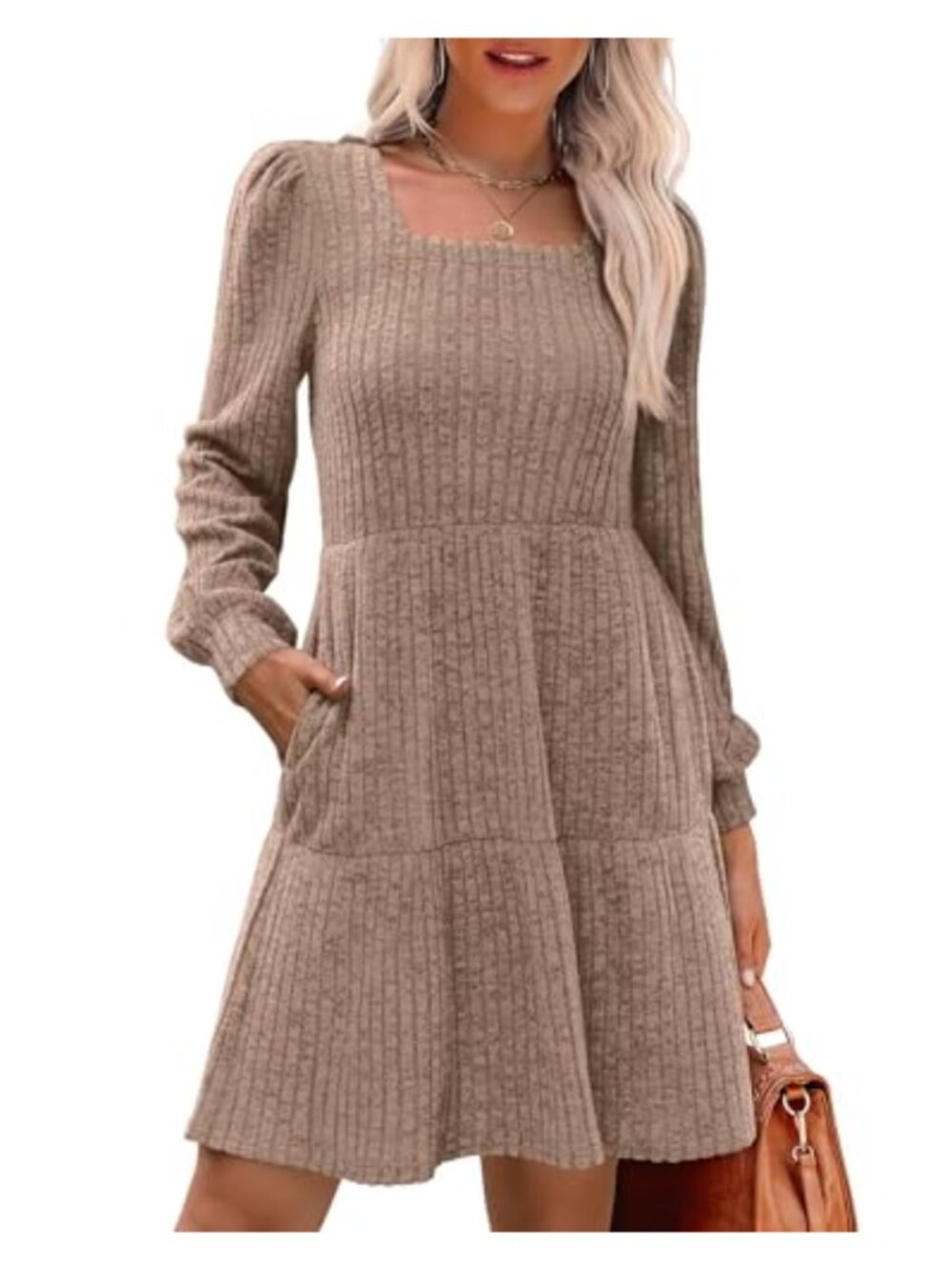 Long Sleeve Square Neck A Line Sweater Dress with Pockets